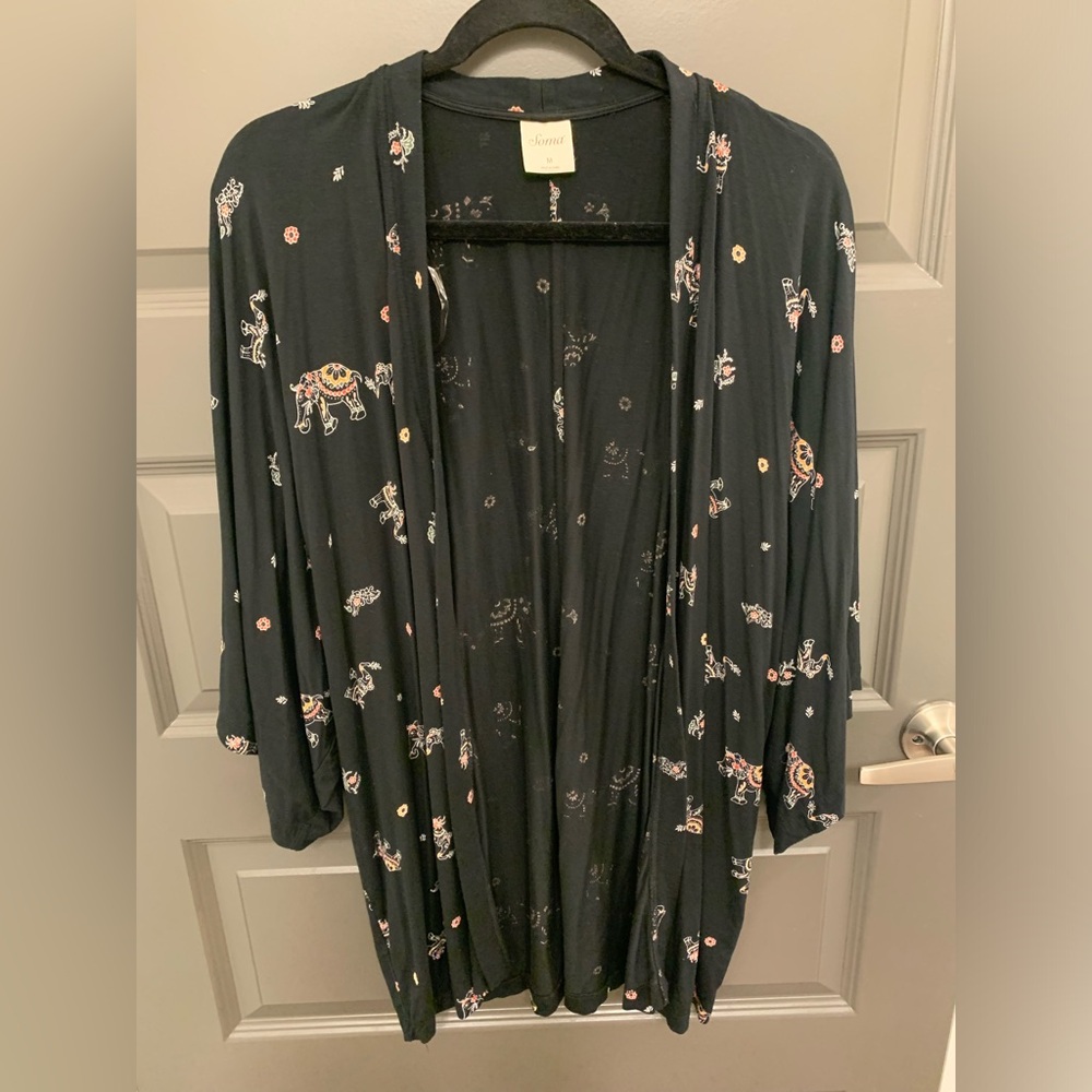 Soma Black Floral & Elephant Print Kimono Robe